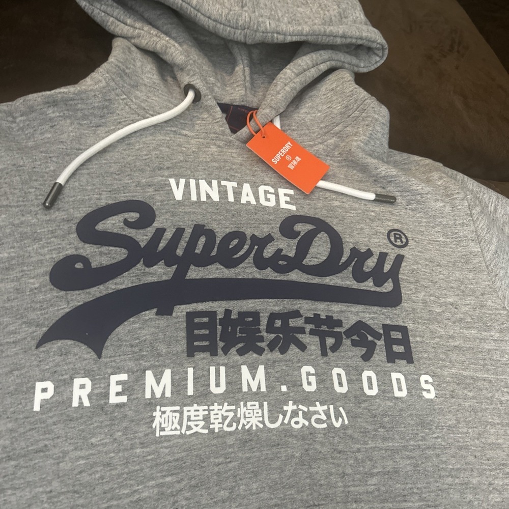 Superdry Vintage Hoodie Mens  XL Gray Blue Raglan Logo Pullover Japan Spirit